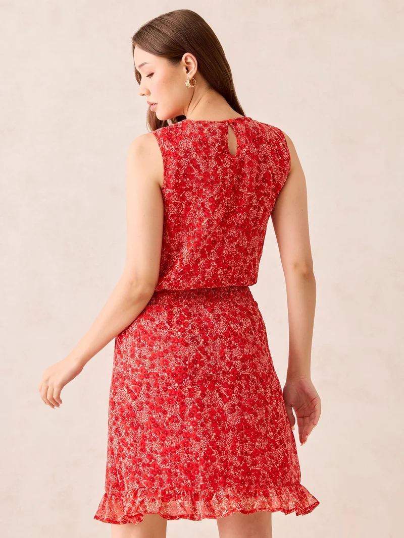 Outzidr  Red Waist Smocked Fit And Flare Mini Dress for Women | Best Price UAE